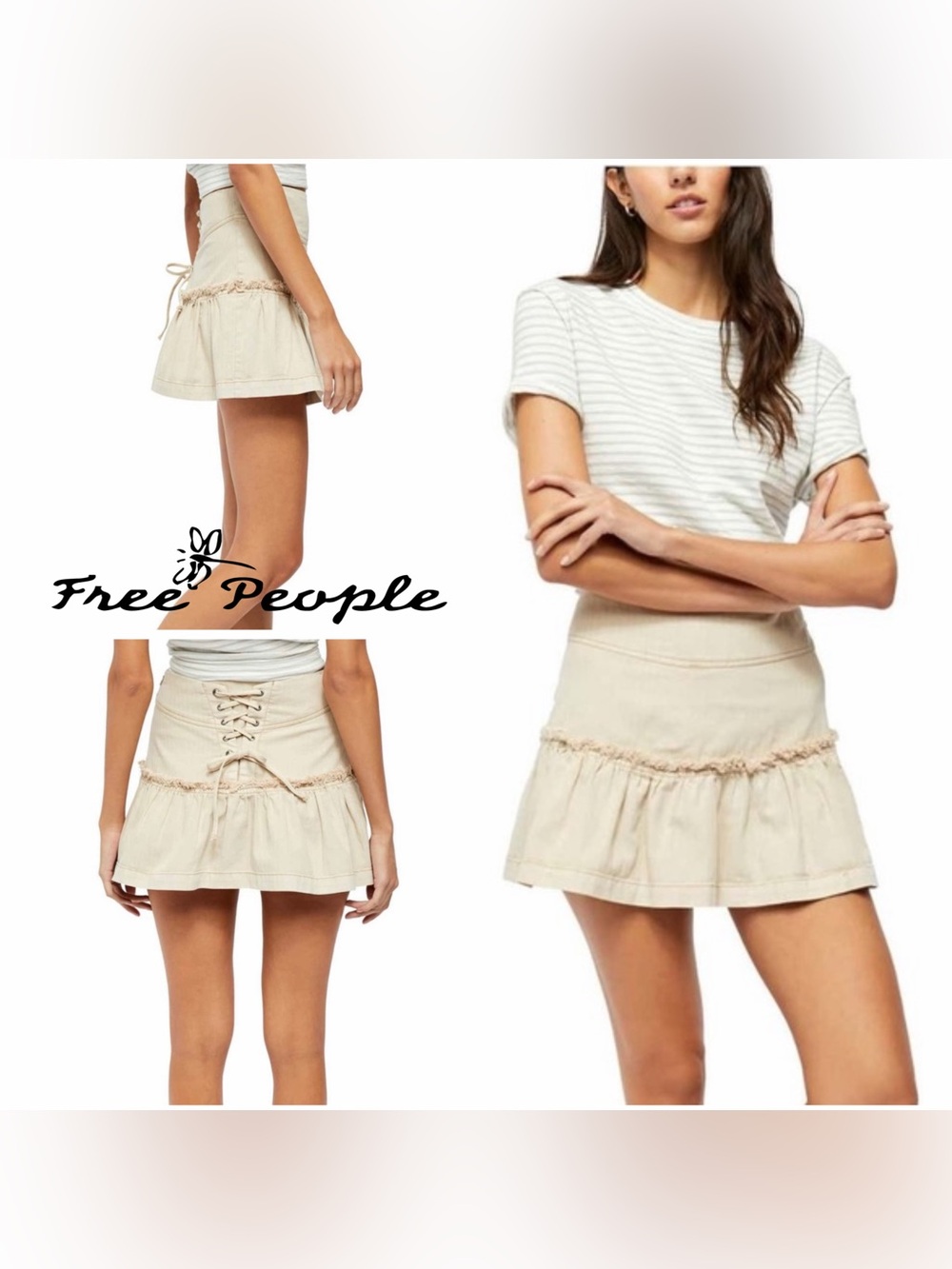 Free People Positano Skirt Beige Lace-Up Ruffle Hem Boho Mini Skirt